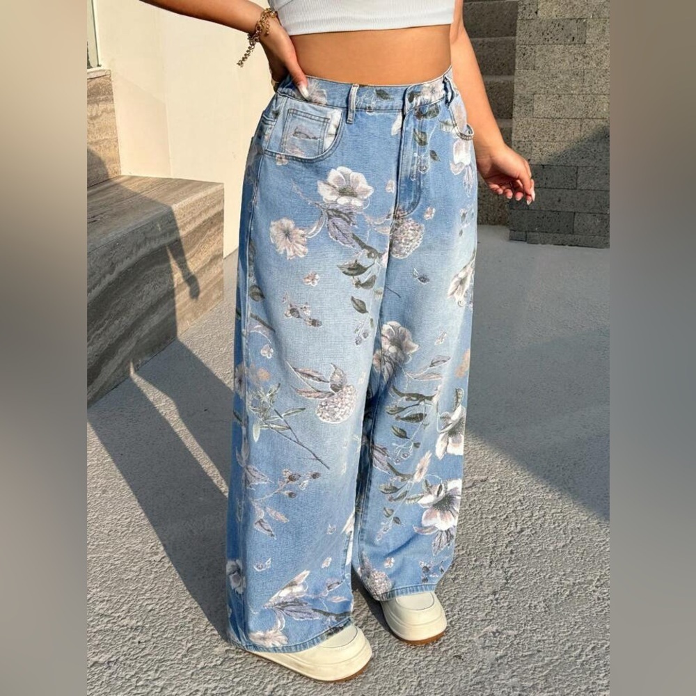 NWOT Stylish Y2K 90s Streetwear High Waist Floral Print Wide Leg Loose Jeans - Picture 4 of 10